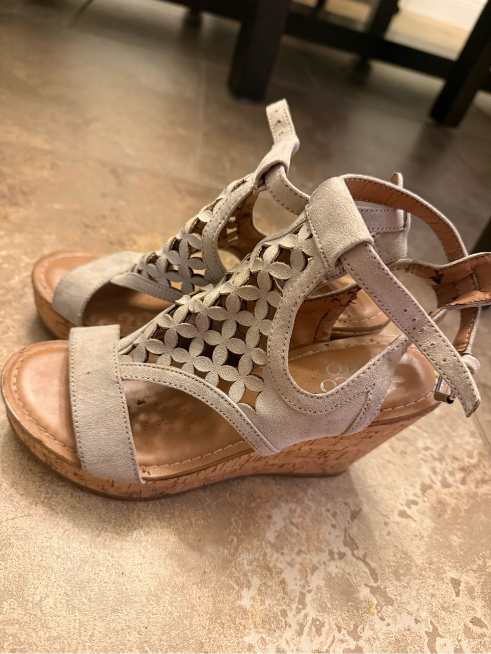 Franco Sarto Light Gray Suede Cutout Wedge Sandals